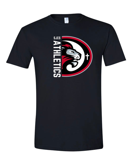 White Vertical SJCS Athletics Lions Black Tee