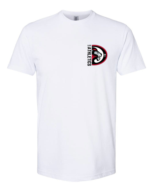 Black Left Chest Vertical SJCS Athletics Lions White Tee