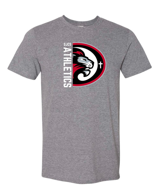 White Vertical SJCS Athletics Lions Heather Graphite Tee