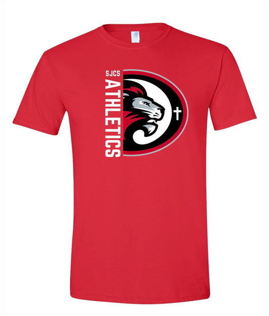 White Vertical SJCS Athletics Lions Red Tee