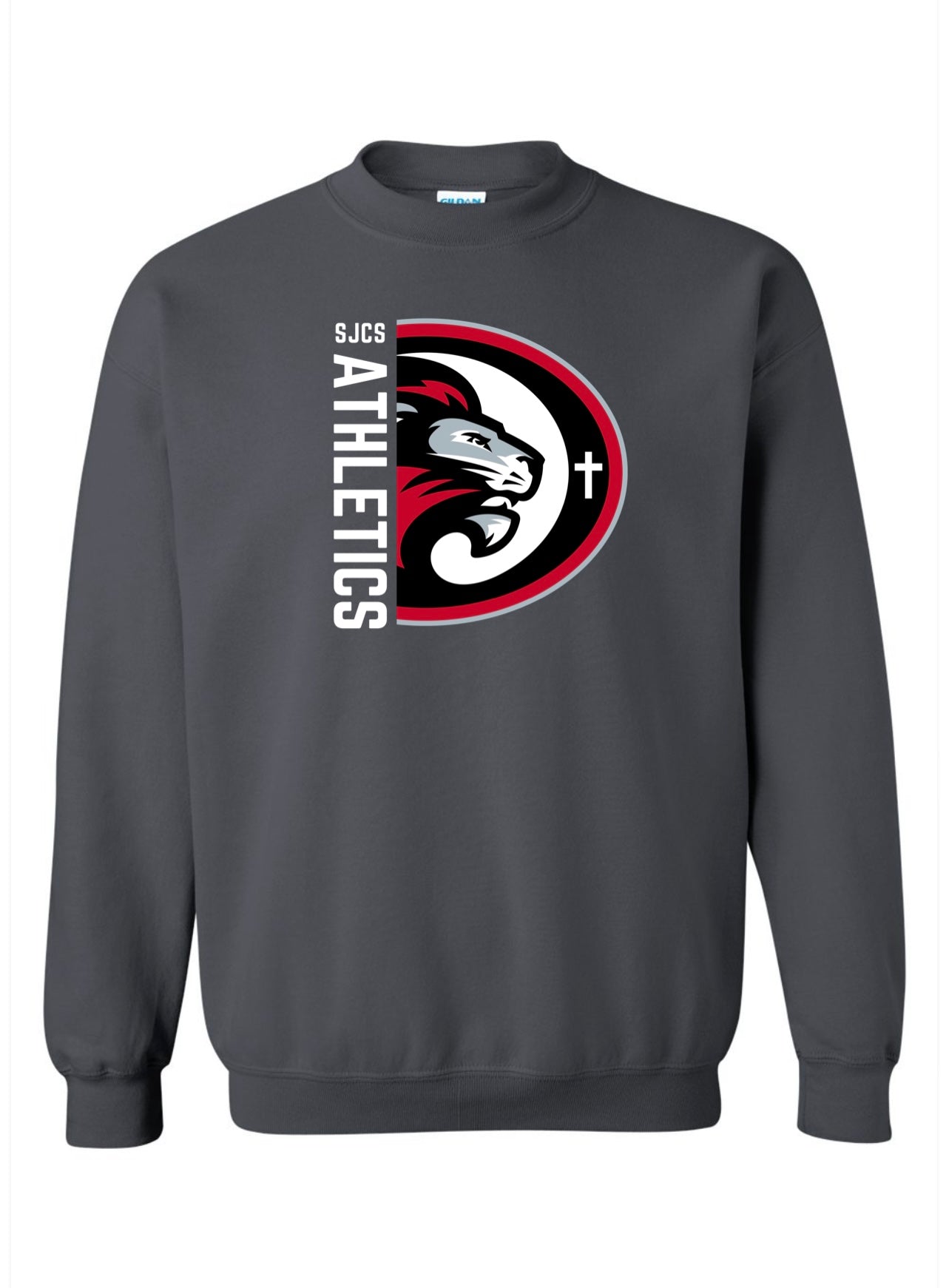 White Vertical SJCS Athletics Lions Charcoal Sweatshirt/Hoodie Option