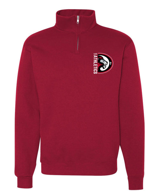 White Vertical SJCS Athletics Lions Red Quarter Zip