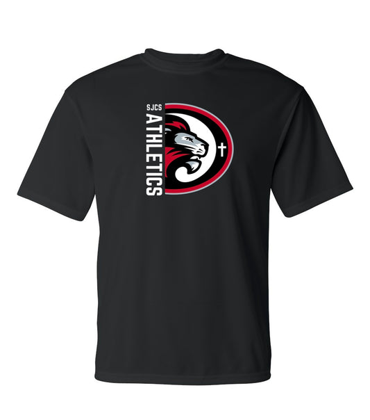 White Vertical SJCS Athletics Lions Black Performance Tee