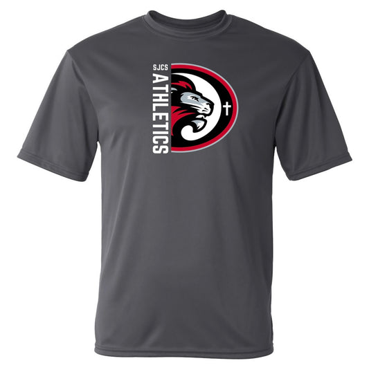 White Vertical SJCS Athletics Lions Graphite Performance Tee