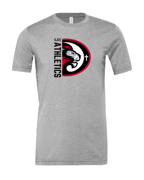 Black Vertical SJCS Athletics Lions Heather Grey Bella Canvas Tee