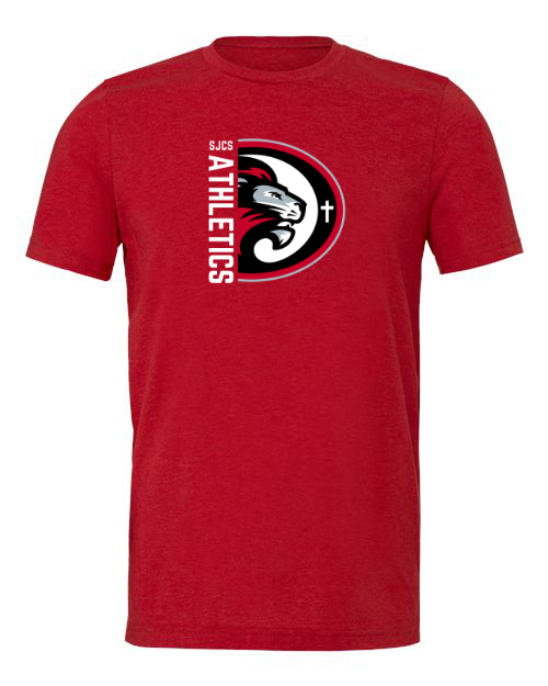 White Vertical SJCS Athletics Lions Heather Red Bella Canvas Tee